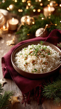 Platter of savory rice and peas with fresh herbs, styled for a cozy christmas dinner or holiday celebration, warm festive table setting with seasonal decorations