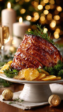 Glazed ham partially sliced on a wooden board with pineapple, citrus slices and rosemary, golden-brown and ready to serve for holiday meals or special celebrations