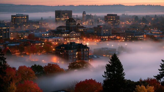 a cityscape at twilight, bathed in the warm glow of the setting sun. The city is densely populated with modern, multistory buildings, each with a distinct architectural style and illuminated windows.