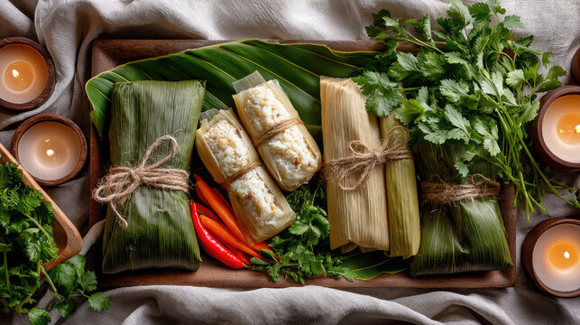 Costa rican tamales artfully arranged on plates with fresh cilantro, vibrant chili peppers, and glowing candles, creating a warm, inviting, and traditional dining scene