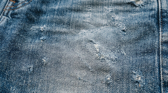 Extreme close up of worn blue denim fabric texture showing detailed cotton twill weave with ripped sections and white frayed threads reflecting casual lifestyle fashion and rugged durability