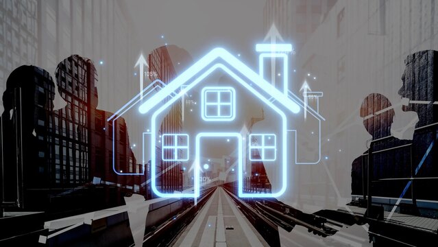 Modern digital real estate concept with futuristic house symbol and silhouettes of business professionals in a city environment Sigmoid