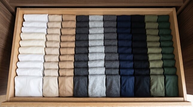 Neatly folded clothes organized by color in a wooden drawer, a concept of tidiness and organization