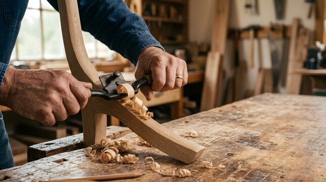 Carpenter hands using a spokeshave to shape a curved wooden chair leg on a workbench with curly wood shavings.