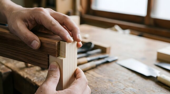 Close-up of carpenter hands joining timber wood in bright workshop with natural light and tools in background.