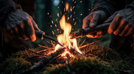 Fototapeta premium Hands use flint, steel to start fire. Sparks fly from metal tool onto dry tinder bundle. Primitive survival skill practiced in dark forest. Outdoor camping activity during cold night in wild nature