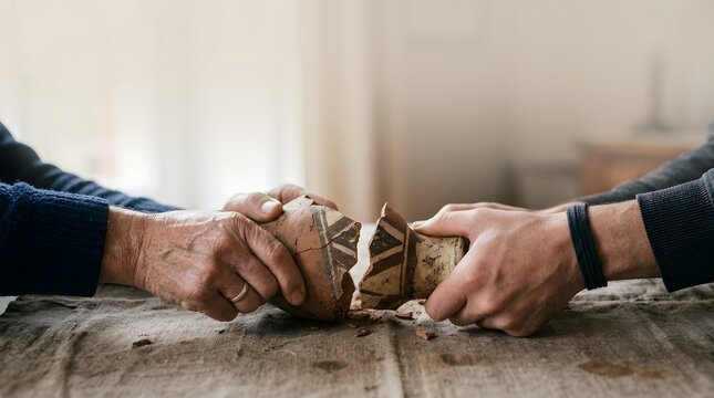 Detailed close up of older and younger hands holding broken pieces of a ceramic vase over a rustic tablecloth.