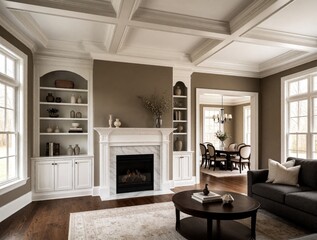 Obraz premium Elegant living room interior with white coffered ceiling, built-in cabinetry. Classic fireplace with marble surround, mantel decor. Brown walls, hardwood floors. Dark sofa, round coffee table. Dining
