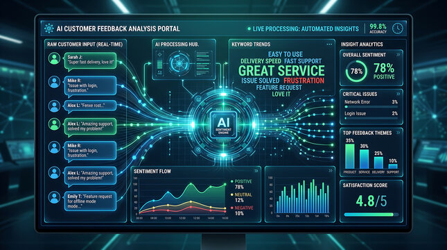 Digital dashboard displaying ai customer feedback analysis with real-time data processing, sentiment flow graphs, keyword trends, and satisfaction metrics on a dark blue interface