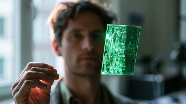 Future of Technology: A thoughtful man inspects a transparent green data chip, hinting at advancements in microtechnology and information storage.
