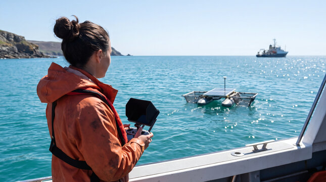 Woman operating remote control solar powered cleanup drone from boat to collect plastic pollution and protect marine ocean environment