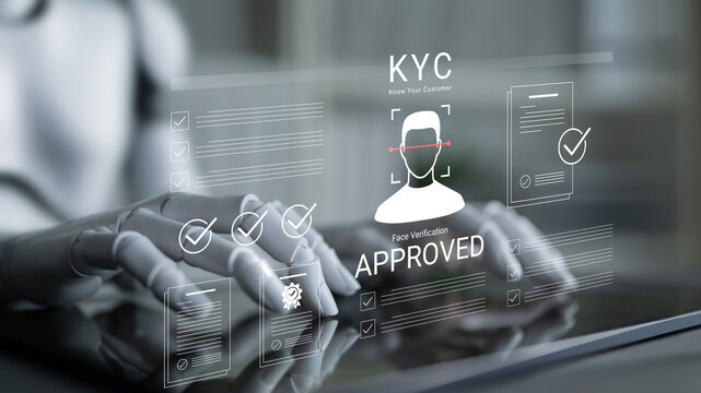 A glimpse into the future of customer verification using advanced technology, showcasing robotic hands and a transparent interface displaying KYC approval status. Cyphers