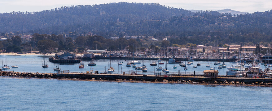 Boats anchor along the stone breakwater and marina docks in Monterey Harbor, California, with coastal town architecture and forested hills in the distance.