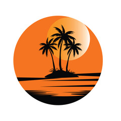Fototapeta premium Tropical island silhouette with palm trees against a sunset circle background for summer travel design