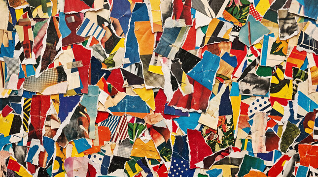 Chaotic and colorful abstract collage of ripped paper scraps texture , diverse patterns and textures, vibrant energetic visual explosion, detailed handmade artwork