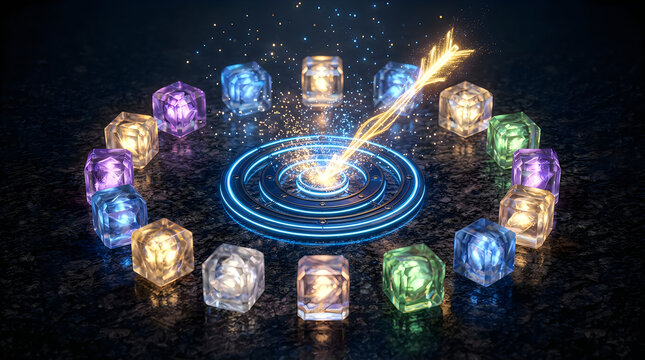 Glowing magic arrow hitting a circular target surrounded by colorful crystal cubes in dark space