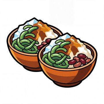 Stylized 2D Cartoon Illustration of Cendol Dessert Bowls with Thick Outlines