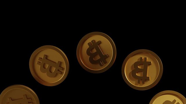3D Floating Gold Bitcoin Coins Asset on Alpha Channel Black Background. floating and spinning animation. cryptocurrency. finance. blockchain. 4K 