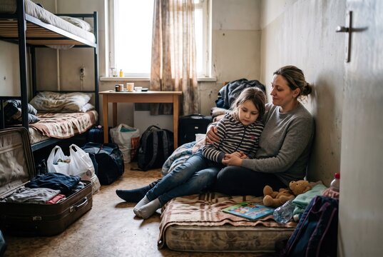 A woman sits with her child on a bed in a small, cluttered room. They appear to be in a temporary shelter. There are bags and belongings scattered