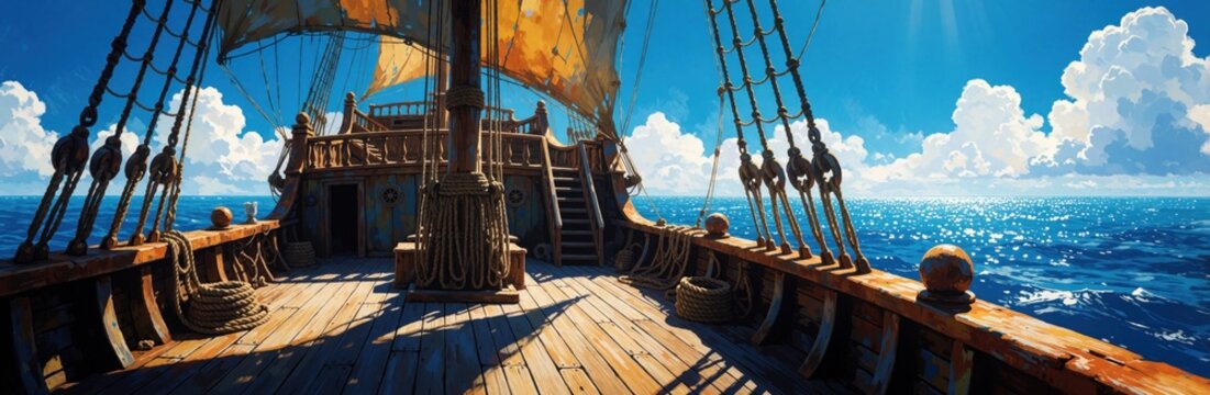 Old weathered pirate ship deck under sunny blue sky. Rusty wooden vessel sails on calm ocean water. Ancient sailing boat with worn sails, ropes travels across sea with fluffy white clouds. Nautical