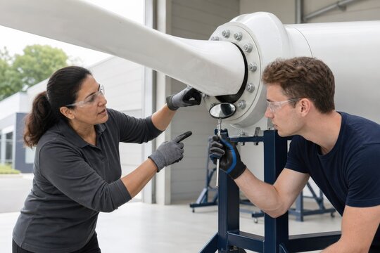 Wind turbine lightning protection inspection - an instructor demonstrating receptor mirror positioning