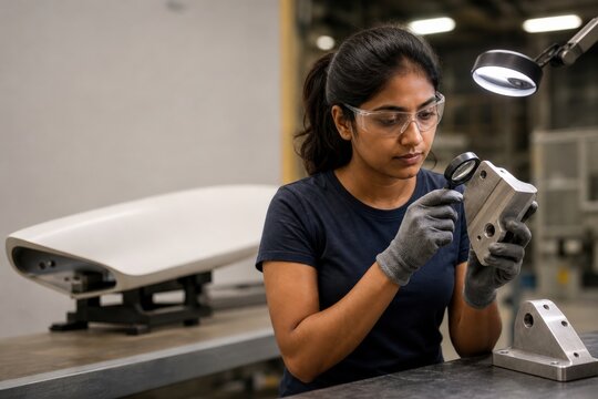 Wind turbine lightning protection inspection - a woman inspecting a removed blade tip receptor