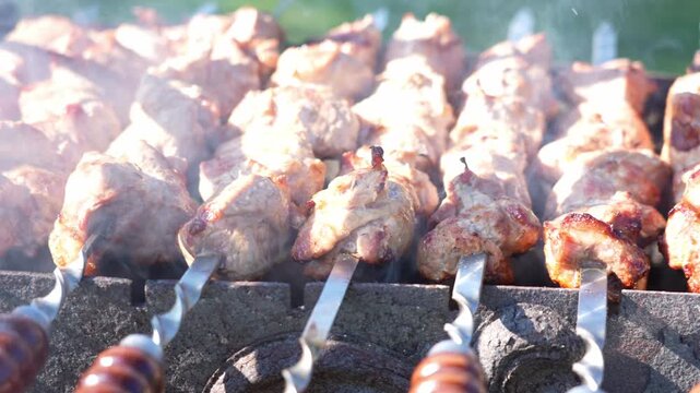 Close-up shot of grilled meat skewers. Smoke rises from the cooking meat. Golden-brown surface shows charred edges. Wooden handles on black grill rack. Gentle green background blurred