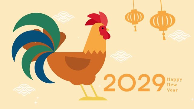 Year of the Rooster 2029 flat design 2d animation horizontal video. Zodiac rooster with hanging lanterns decorations.