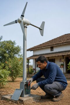 Wind turbine lightning protection inspection - an electrician inspecting residential grounding