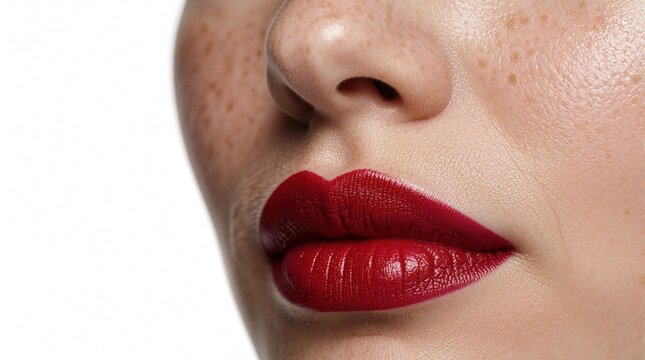 Close up of female face with bright red lipstick. Freckled skin, beautiful lips with permanent makeup effect. Professional cosmetic procedure result on model. Woman shows intense lip color with