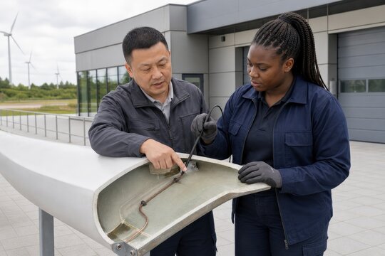 Wind turbine lightning protection inspection - a trainee placing a probe at a skills campus blade section