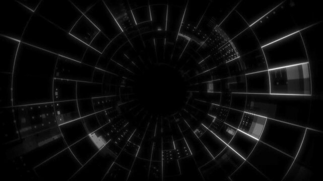Geometric structures converge towards a vanishing point in a dark space.