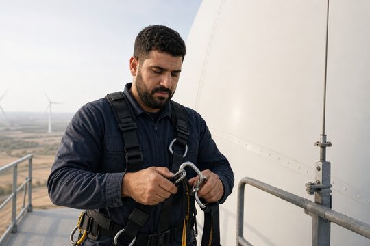 Wind turbine lightning protection inspection - a rope access technician checking a harness