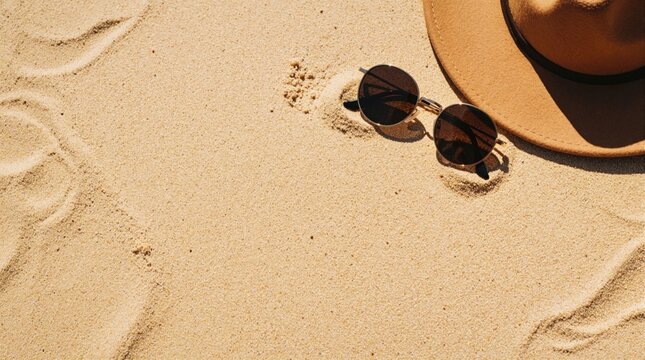 Top view of stylish sunglasses, straw hat on warm sandy beach. Summer vacation accessories lie on sea shore sand under bright sun. Travel concept with sun protection items for holiday relax, leisure