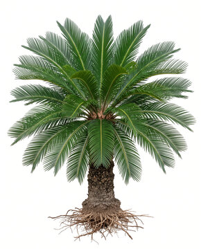 Ultra-realistic mature Sago Palm (Cycas revoluta), complete plant with exposed roots, stout rough trunk, perfectly symmetrical crown of long stiff glossy dark-green 