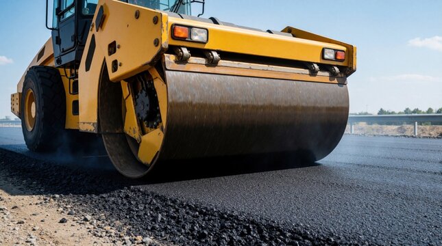 Yellow road roller compactor smooths fresh black asphalt on highway construction site. Heavy machinery works on new road surface under sunny blue sky. Industrial equipment performs paving