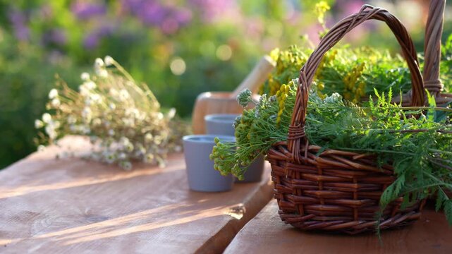 collected medicinal herbs on a wooden table on a sunny summer evening atmospheric video.