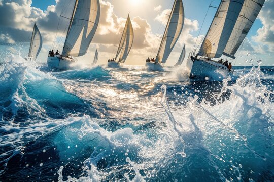 Multiple sailboats race through choppy ocean waves during regatta competition. White yachts with large sails navigate blue sea with splashing water. Crew members manage boats under bright sun, cloudy