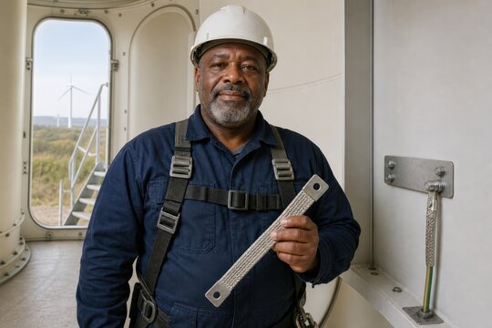 Wind turbine lightning protection inspection - a reliability engineer holding a bonding strap