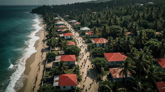 Aerial view of Caribbean coastal town near ocean shore. People evacuate along road toward high ground due to tsunami warning. Crowds run from crashing waves in tropical village. Emergency situation