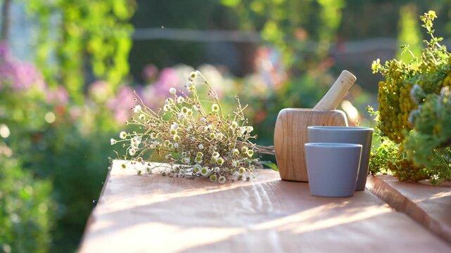Collection of healing useful medicinal herbs field. Alternative herbal medicine Natural cosmetics made from natural ingredients based on medicinal herbs collected in a clean ecological area