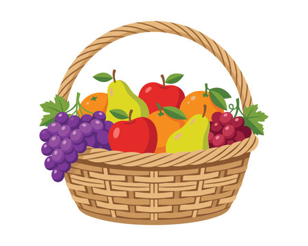 Fresh fruit basket with apples pears oranges and grapes vector illustration.