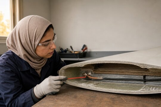 Wind turbine lightning protection inspection - a woman studying a conductor cutaway