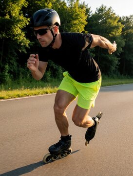 Athletic man performs speed inline skating on asphalt road. Male skater wearing helmet, sunglasses practices fitness training in summer park. Active person moves fast on rollerblades through urban