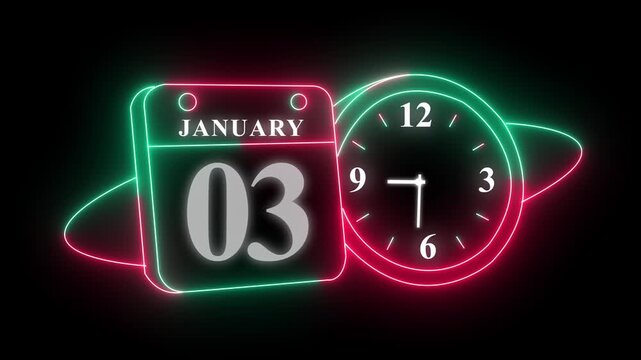 Neon january 03 calendar and clock design on black background