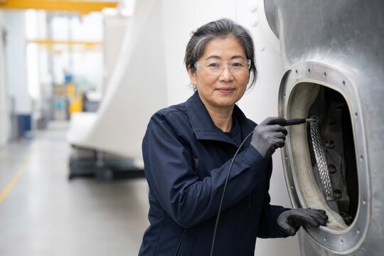 Wind turbine lightning protection inspection - a senior engineer with a blade continuity probe in hand