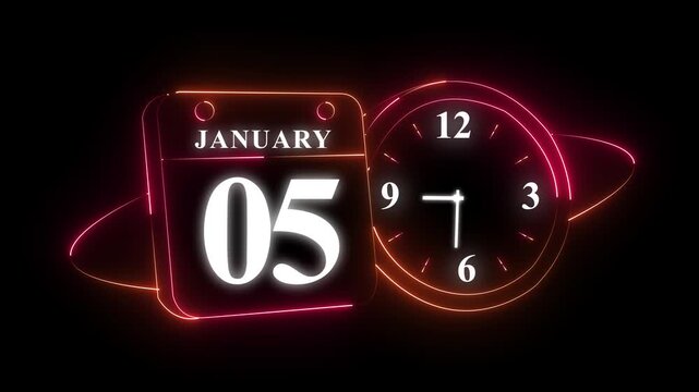 Neon digital calendar and clock showing january 05 at 3:09
