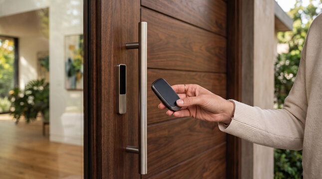 Hand using electronic key fob for secure entry