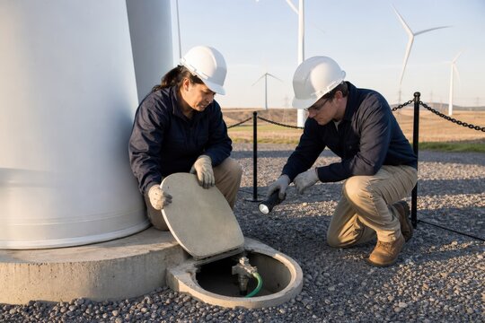 Wind turbine lightning protection inspection - instructors inspecting an earth termination clamp