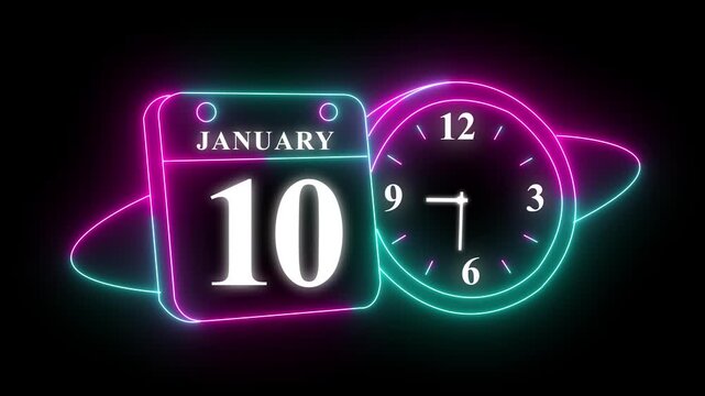 Neon calendar and clock showing number ten and time three o'clock